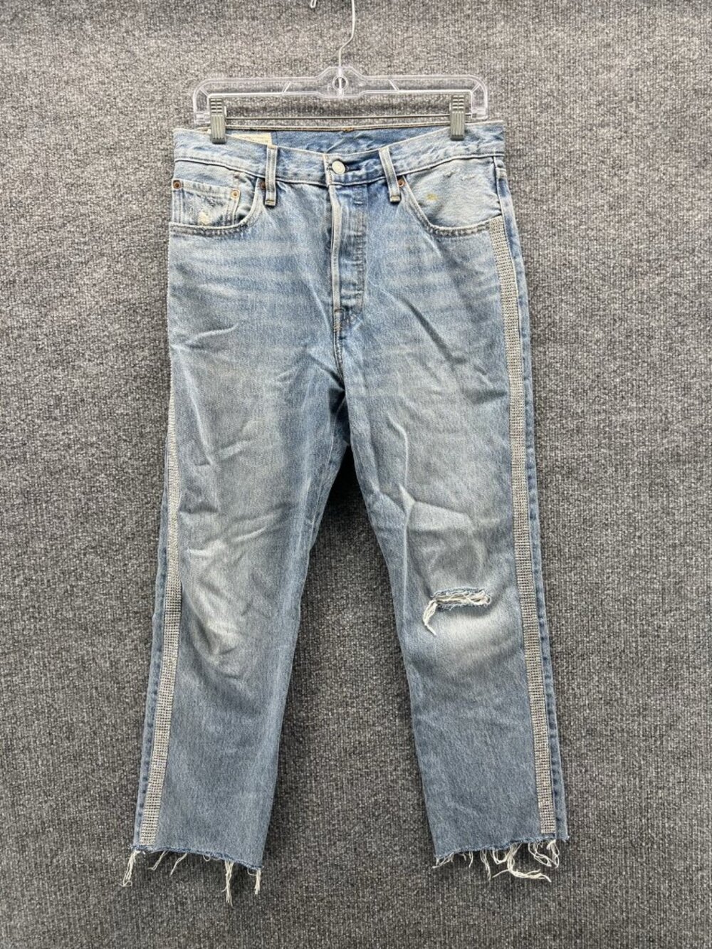 Levi's 501 Jeans Womens 28x26 Blue Straight Denim Light Wash Distressed Studded